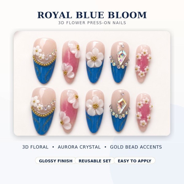 Luxury 3D White Flower Press‑On Nails, Royal Blue French Tips with Aurora Rhinestones & Gold Beads, Medium‑Long Almond False Nails